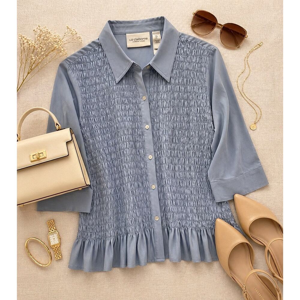 Liz Claiborne Silk Smocked Blouse Blue Button Front Ruffle Hem XL
